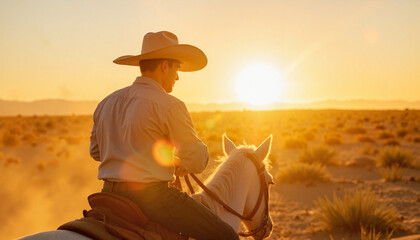 Cowboy riding horse at sunset in desert landscape, Sombrero Hat, Cinco de Mayo
