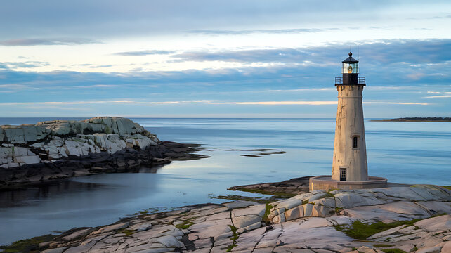 Lighthouse stands sentinel over tranquil waters.
