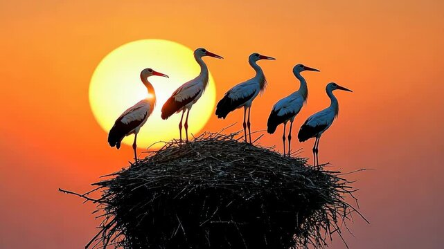 Five storks perched on a nest against a vibrant sunset in a serene natural setting
