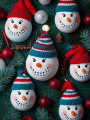 Festive Christmas pattern with snowman heads, ornaments.