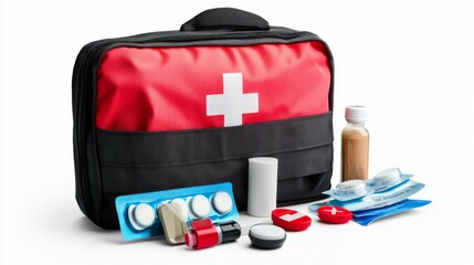 A complete first aid kit rests on a clean surface. Essential items are organized for easy access. Perfect for home or travel emergencies and safety. Generative AI