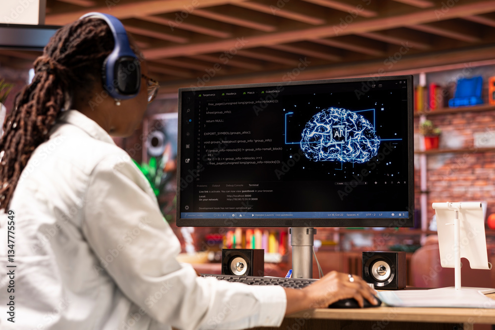 Poster admin writing code on computer and doing maintenance on artificial intelligence neural networks, lis