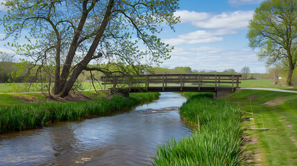 Tranquil wooden bridge over a serene waterway