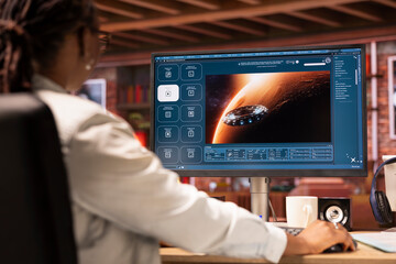 Woman at home using generative artificial intelligence program generating videos using diffusion...