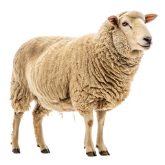 Fototapeta premium A fluffy sheep standing in front of a black background looking right isolated on a transparent background Png