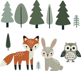 Flat Illustration Set of Woodland Animals, Forest Animals