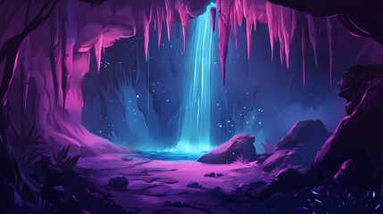 Enchanting eldritch cave system with twisted stalagmites and vibrant waterfall. Eldritch Stone. Illustration