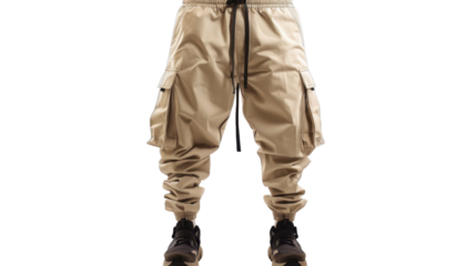 Khaki cargo pants with black sneakers on transparent background