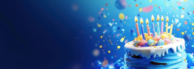 Delicious blue birthday cake with lit candles and falling confetti on blue background