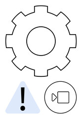 Bold gear symbol next to exclamation in triangle and video icon. Ideal for settings, alerts, notifications, troubleshooting, maintenance, video services, functionality. Flat simple metaphor