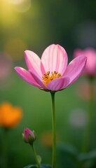 A delicate flower blooms in a soft focus garden, soft light blurred background, bloom