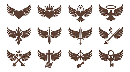 Set of vintage-style heraldic emblems featuring wings hearts swords doves keys and crosses