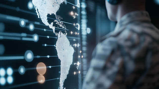 Cybersecurity Map Tracking Threats with Military Uniform Detail