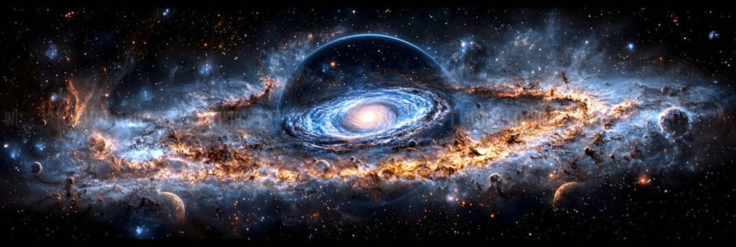 Cosmic Spiral Galaxy with Blue and Orange Nebulae