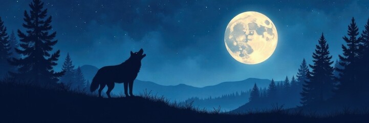 A lone wolf stands in a desolate forest, silhouetted against a full moon and stars , landscape, forest