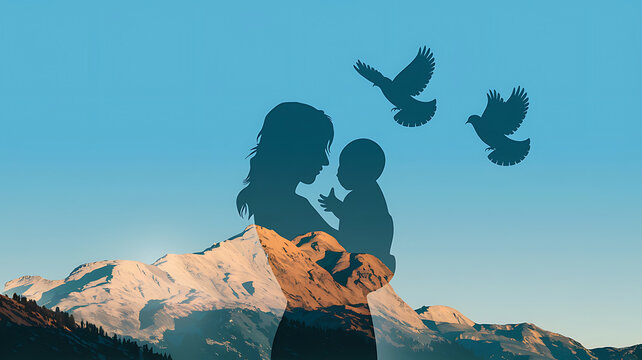 A mother and baby silhouette set against a backdrop of mountains and flying doves evoking a peaceful and loving theme