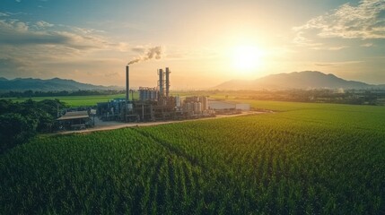Scenic view of sugar cane fields with industry at sunset. Image for agricultural and industrial concept, background use.