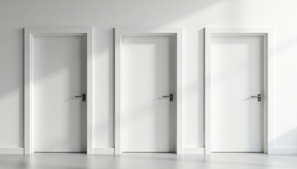 A set of white closed doors with doorframes arranged in a modern room , architecture, furniture