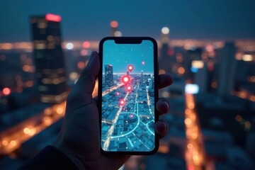 A smartphone screen displaying a digital map with various icons and markers, overlaid on a cityscape at night, nighttime, city lights