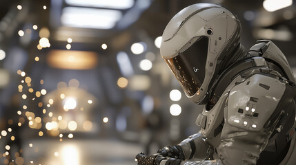 Fototapeta premium Soldier Adjusting High-Tech Exoskeleton in Dim Hangar with Sparks