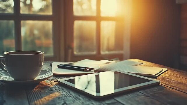 A cup of coffee, tablet, notepad and pen with a sunlit window background.