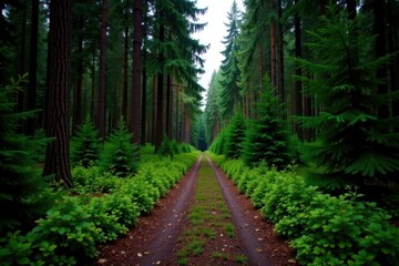 Fototapeta premium abandoned path through fir forest in overcast weather , abandoned, overcast