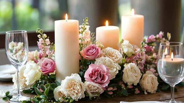 Elegant floral arrangement with candles at a cozy dining setting