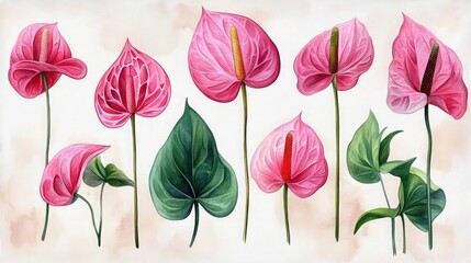 Watercolor texture botanic garden plant pink anthurium flamingo flower, Seamless watercolor pattern showcasing anthuriums, Watercolor clipart set of Pink Anthurium flower.