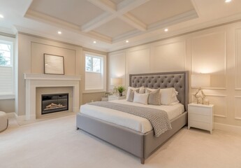 Luxurious master bedroom with fireplace, high ceiling, and plush bed.