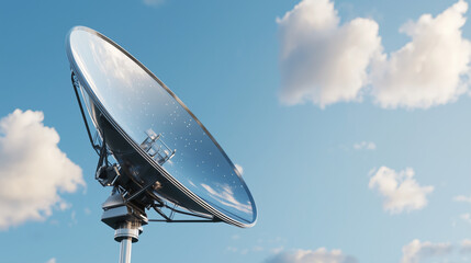 Military satellite dish scanning the sky with stars reflections