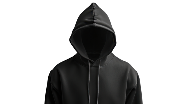 Black hoodie covering face on transparent background