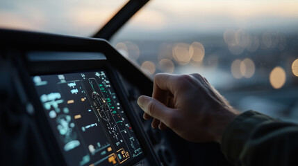 Military cockpit touchscreen operation at dusk