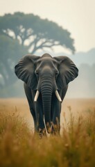 Obraz premium African elephant roaming in thick savannah fog, mist, wildlife
