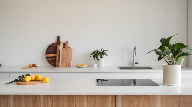 Modern kitchen countertop fresh lemons and greenery Clean minimalist style