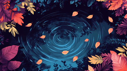 leaves floating on a forest stream or pond, leaf litter, riverine vegetation, floating leaves, serpentine path, reflection pool. Serpentine Reflection. Illustration