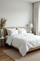 bed king size white linens pillows minimalist scandinavian bedroom, minimalist bedroom decor, natural light