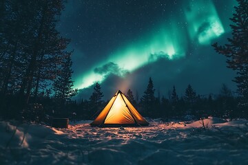 A snapshot reveals a tent erected under the aurora’s shine, nestled in a natural setting with sky lights, offering a comfy, daring retreat.  
