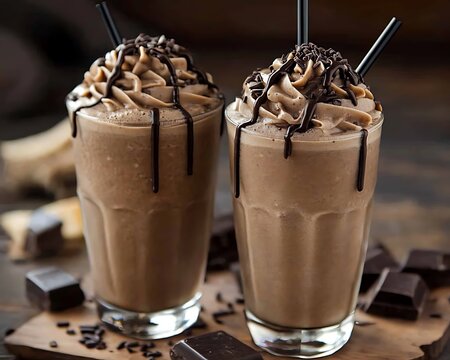 Two chocolate milkshakes with delicious toppings on wood