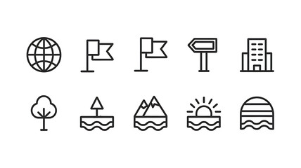 Fototapeta premium Simple line icons depicting various global nature and urban elements