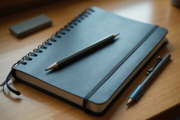 Black notebook with pencil and eraser on desk, pencil, study