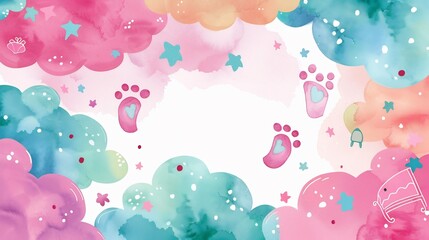 Cute charming baby announcement card pastel colored cloud baby footprint tiny cradle center large blank space soft curved edge adding baby name birth date special message playful heartwarming design
