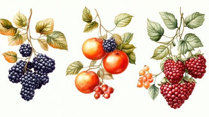 Frame made of mixed berries, including blueberries, strawberries, Frame made of ripe fruits and berries on white background.