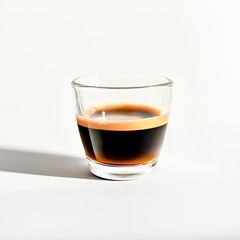 Espresso served in a clear glass cup on a clean white background, showcasing rich crema and deep brown tones