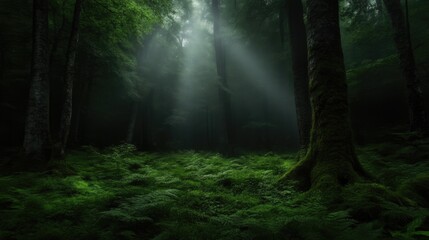 Fototapeta premium Mystical forest bathed in sunlight. Sunlight piercing through the canopy of a dense, verdant forest. Dense undergrowth of ferns and moss cover the forest floor. A tranquil, atmospheric scene
