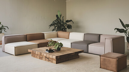 Modern modular sectional sofa set with a rustic wooden coffee table and a brown ottoman