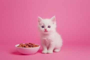 Cute white kittens eating from food bowls on vibrant solid color backgrounds
