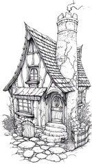 Fototapeta premium Enchanting Stone Cottage Illustration Fairytale House Drawing