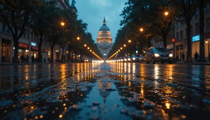 Fototapeta premium rain alters cityscape, offering a fresh outlook on well-known structures and landmarks as they shimmer in rain