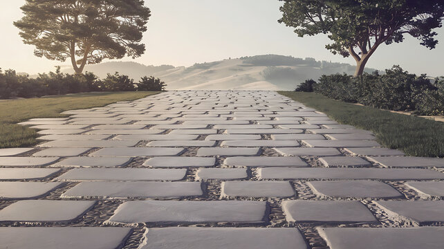 A paved pathway through a landscape with hills and trees