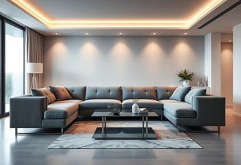 Sleek grey sofa, glass coffee table, minimalist lighting in contemporary living room,  interior architecture,  modern lighting
